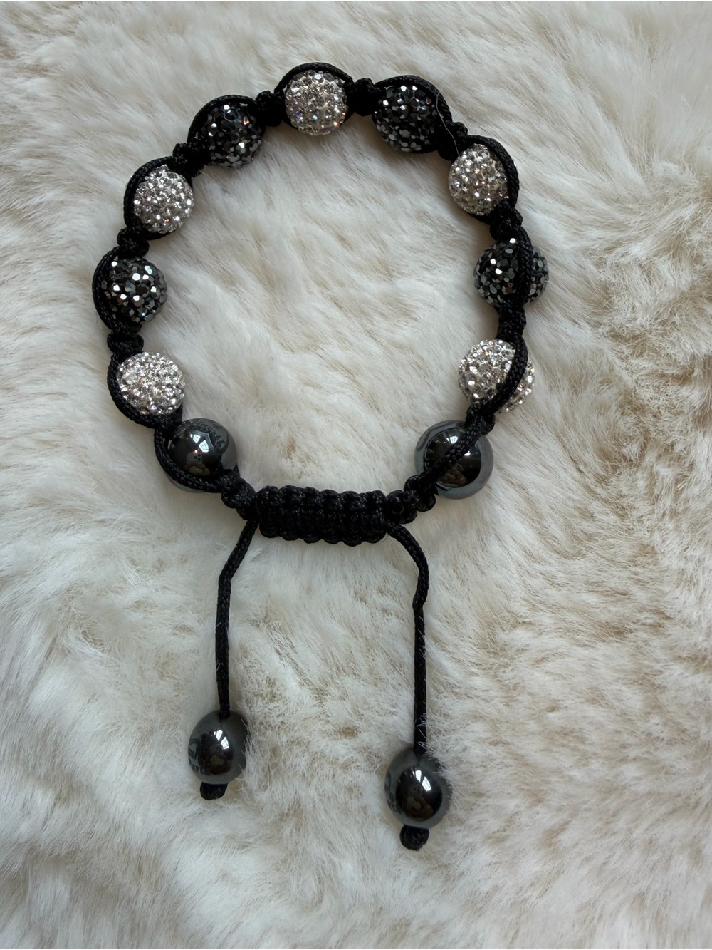 Black Silver Crystal Shamballa Adjustable Bracelet with hematite beads